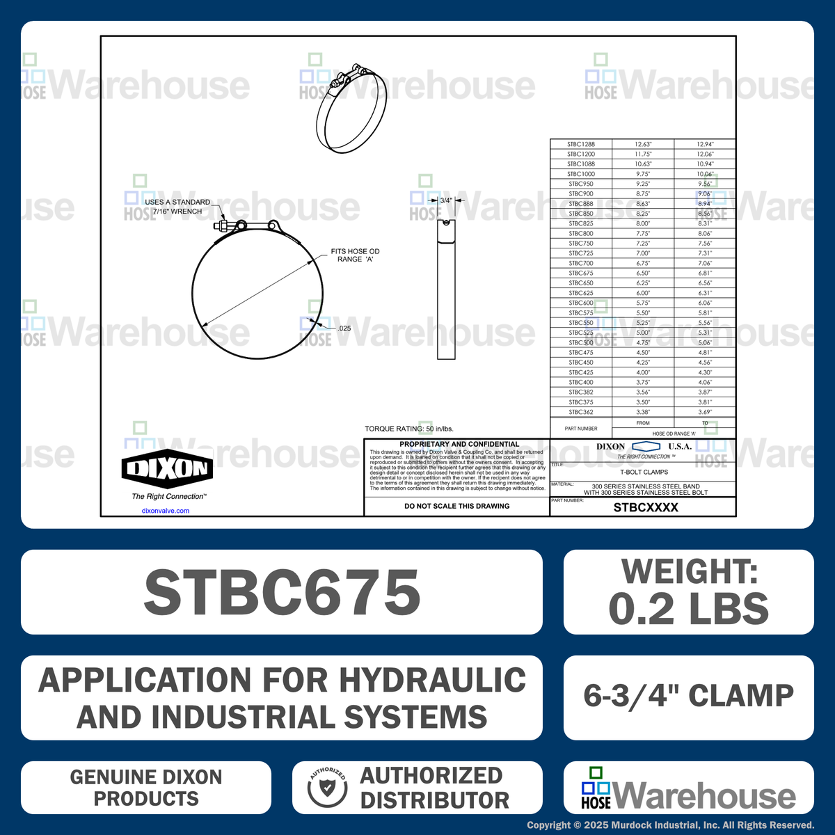 STBC675 by Dixon Valve | Style STBC | T-Bolt Clamp | 3/4" Band Width | Hose OD Range: from 6.50" to 6.81" | 300 Stainless Steel Band & Bolt