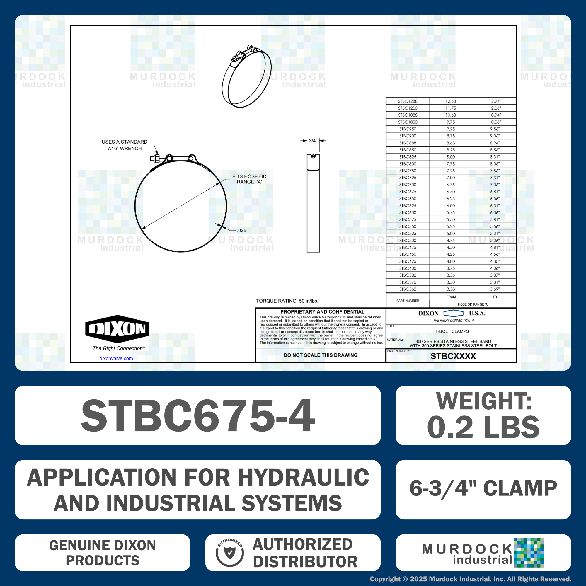 STBC675 by Dixon Valve | Style STBC | T-Bolt Clamp | 3/4" Band Width | Hose OD Range: from 6.50" to 6.81" | 300 Stainless Steel Band & Bolt