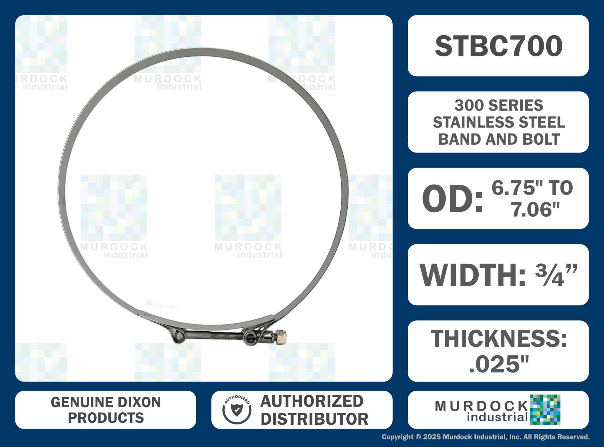 STBC700 by Dixon Valve | Style STBC | T-Bolt Clamp | 3/4" Band Width | Hose OD Range: from 6.75" to 7.06" | 300 Stainless Steel Band & Bolt
