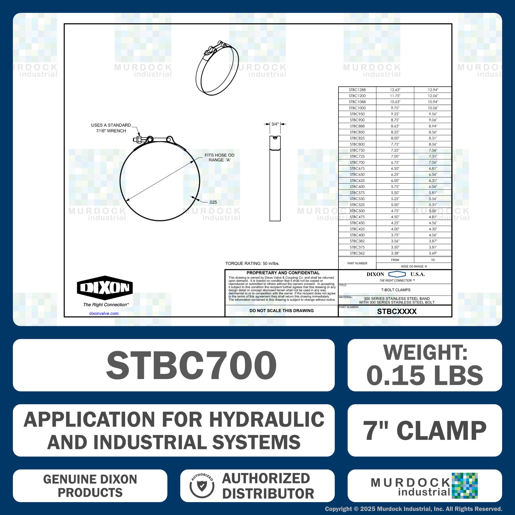 STBC700 by Dixon Valve | Style STBC | T-Bolt Clamp | 3/4" Band Width | Hose OD Range: from 6.75" to 7.06" | 300 Stainless Steel Band & Bolt
