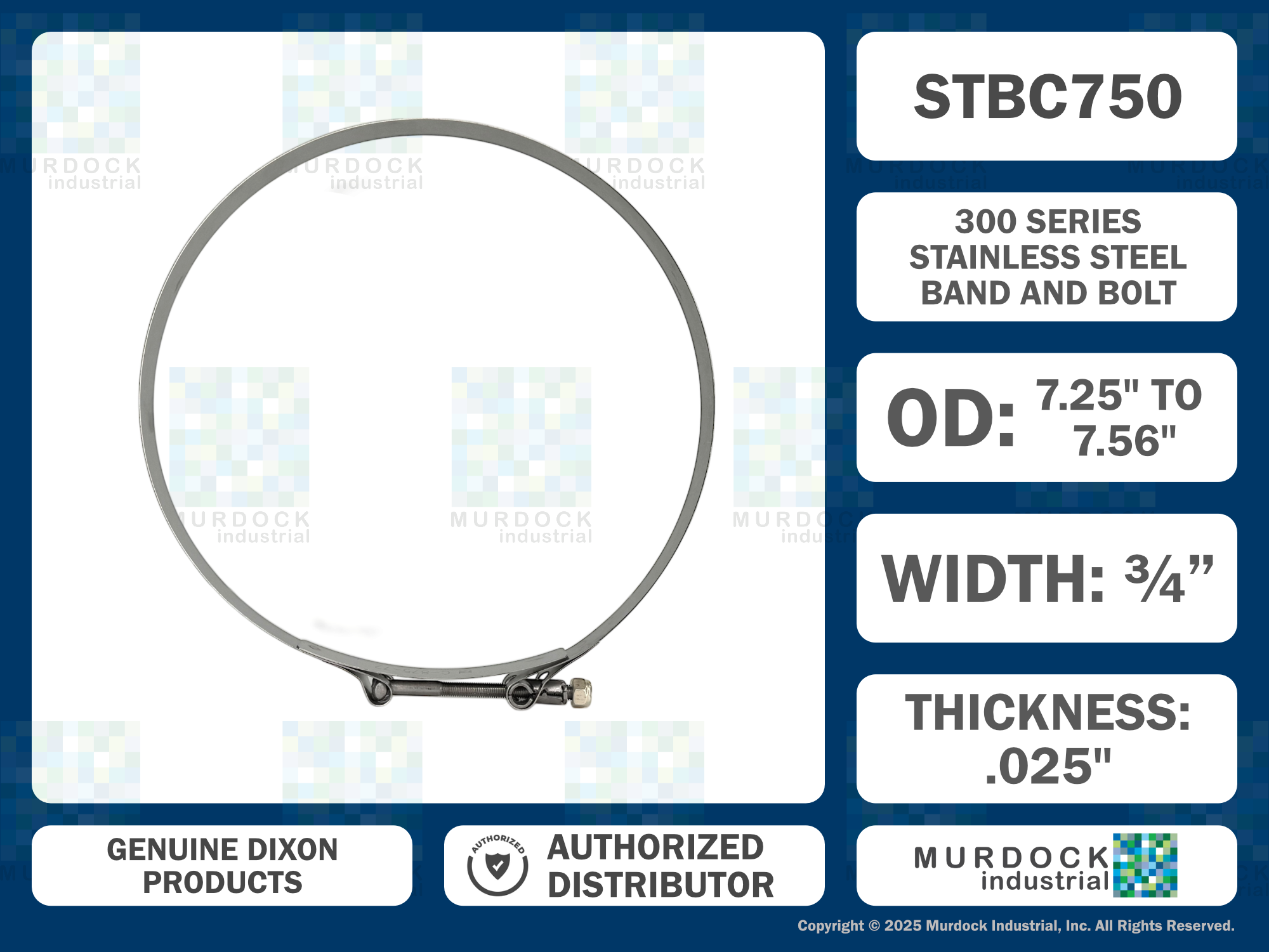 STBC750 by Dixon Valve | Style STBC | T-Bolt Clamp | 3/4" Band Width | Hose OD Range: from 7.25" to 7.56" | 300 Stainless Steel Band & Bolt