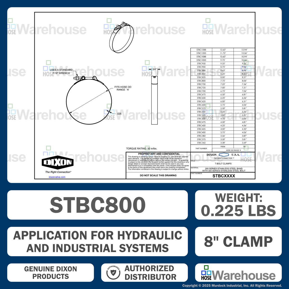 STBC800 by Dixon Valve | Style STBC | T-Bolt Clamp | 3/4" Band Width | Hose OD Range: from 7.75" to 8.06" | 300 Stainless Steel Band & Bolt