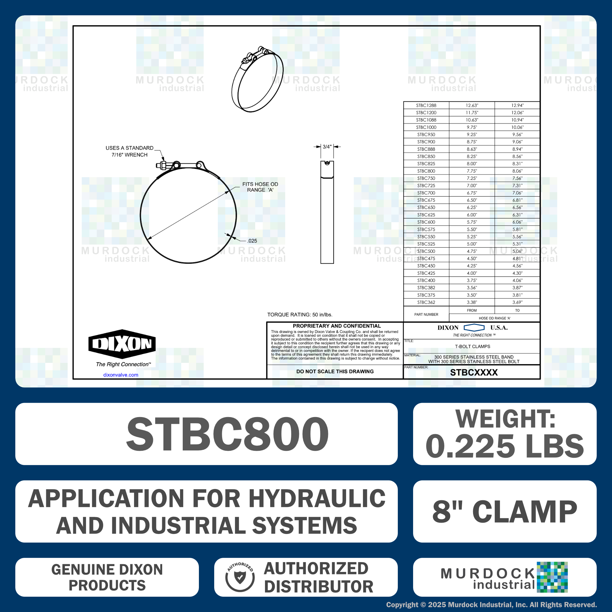 STBC800 by Dixon Valve | Style STBC | T-Bolt Clamp | 3/4" Band Width | Hose OD Range: from 7.75" to 8.06" | 300 Stainless Steel Band & Bolt