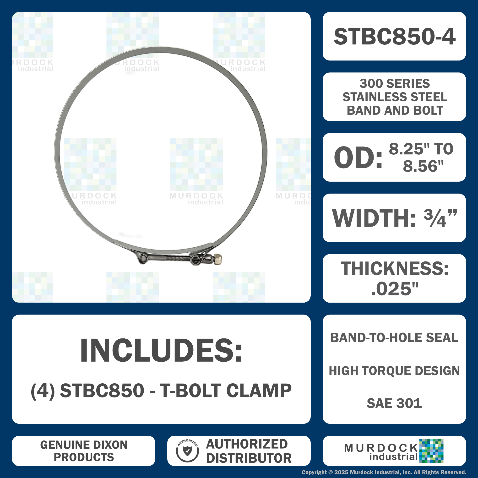 STBC850 by Dixon Valve | Style STBC | T-Bolt Clamp | 3/4" Band Width | Hose OD Range: from 8.25" to 8.56" | 300 Stainless Steel Band & Bolt