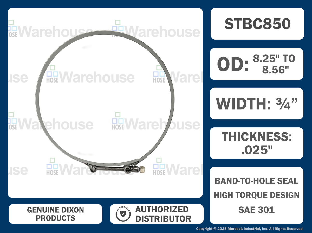 STBC850 by Dixon Valve | Style STBC | T-Bolt Clamp | 3/4" Band Width | Hose OD Range: from 8.25" to 8.56" | 300 Stainless Steel Band & Bolt