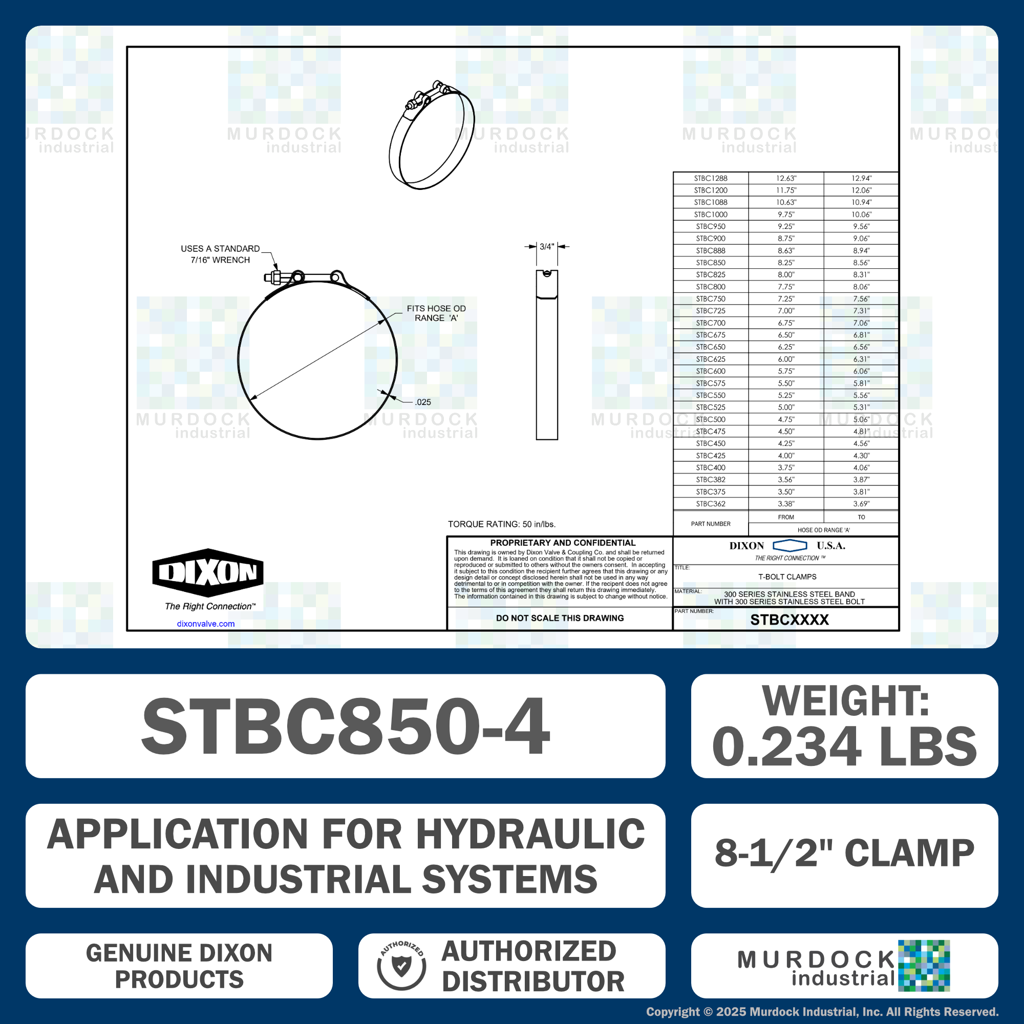 STBC850 by Dixon Valve | Style STBC | T-Bolt Clamp | 3/4" Band Width | Hose OD Range: from 8.25" to 8.56" | 300 Stainless Steel Band & Bolt
