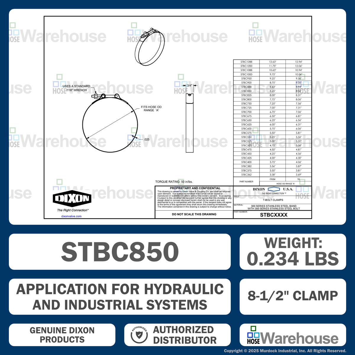 STBC850 by Dixon Valve | Style STBC | T-Bolt Clamp | 3/4" Band Width | Hose OD Range: from 8.25" to 8.56" | 300 Stainless Steel Band & Bolt
