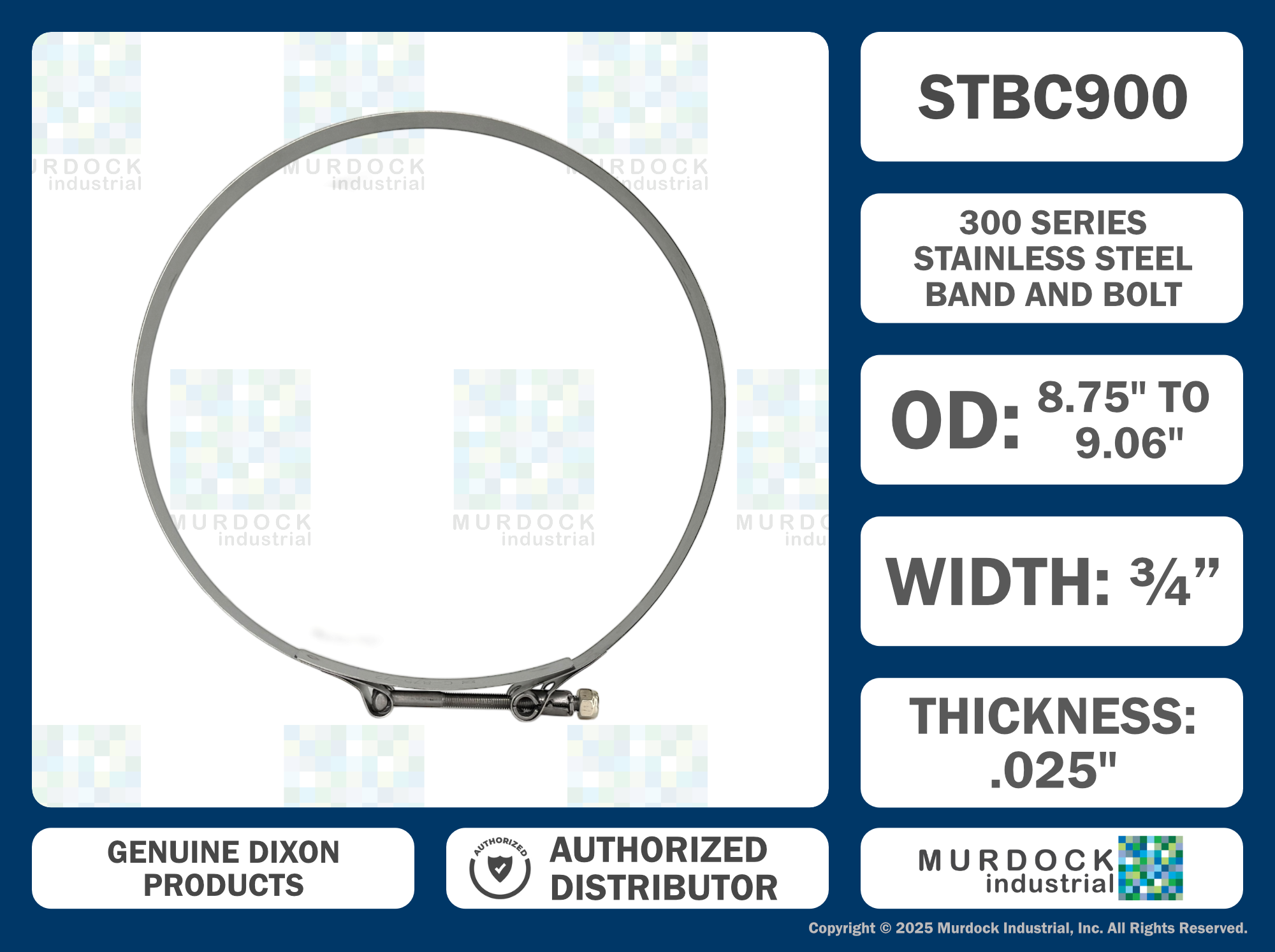 STBC900 by Dixon Valve | Style STBC | T-Bolt Clamp | 3/4" Band Width | Hose OD Range: from 8.75" to 9.06" | 300 Stainless Steel Band & Bolt