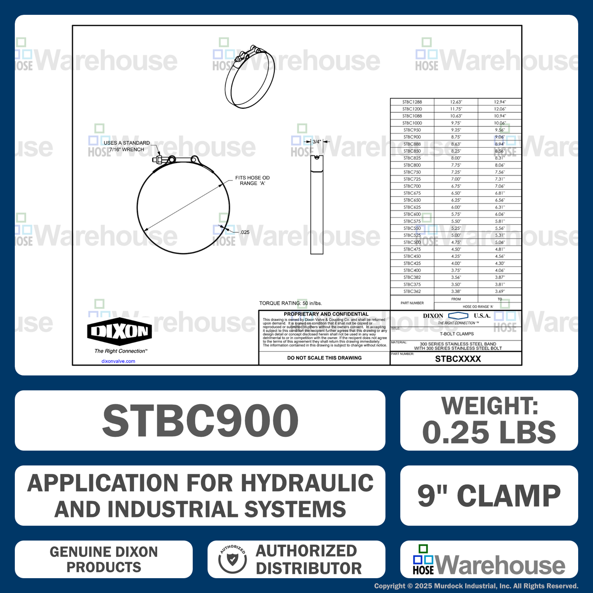 STBC900 by Dixon Valve | Style STBC | T-Bolt Clamp | 3/4" Band Width | Hose OD Range: from 8.75" to 9.06" | 300 Stainless Steel Band & Bolt