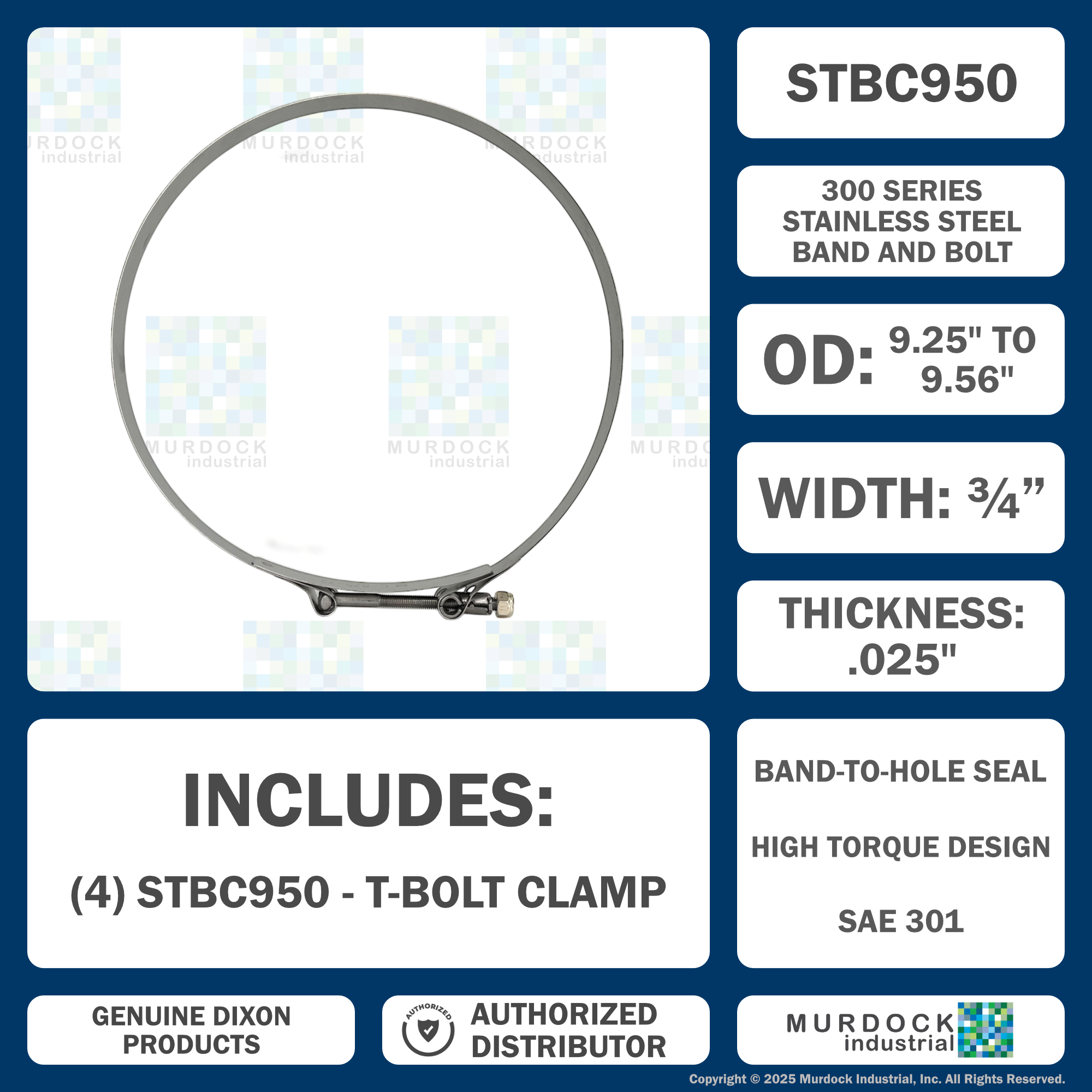 STBC950 by Dixon Valve | Style STBC | T-Bolt Clamp | 3/4" Band Width | Hose OD Range: from 9.25" to 9.56" | 300 Stainless Steel Band & Bolt