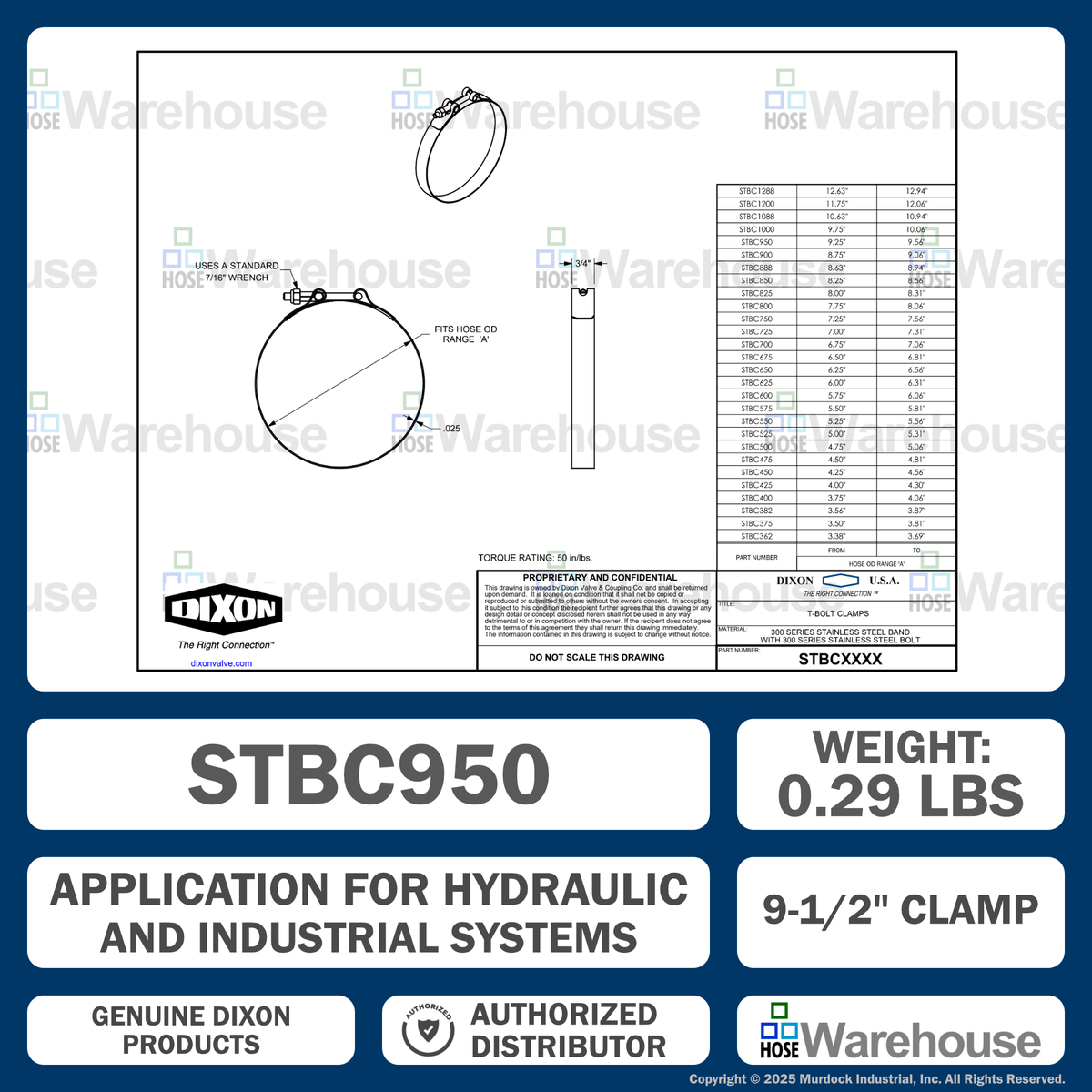 STBC950 by Dixon Valve | Style STBC | T-Bolt Clamp | 3/4" Band Width | Hose OD Range: from 9.25" to 9.56" | 300 Stainless Steel Band & Bolt