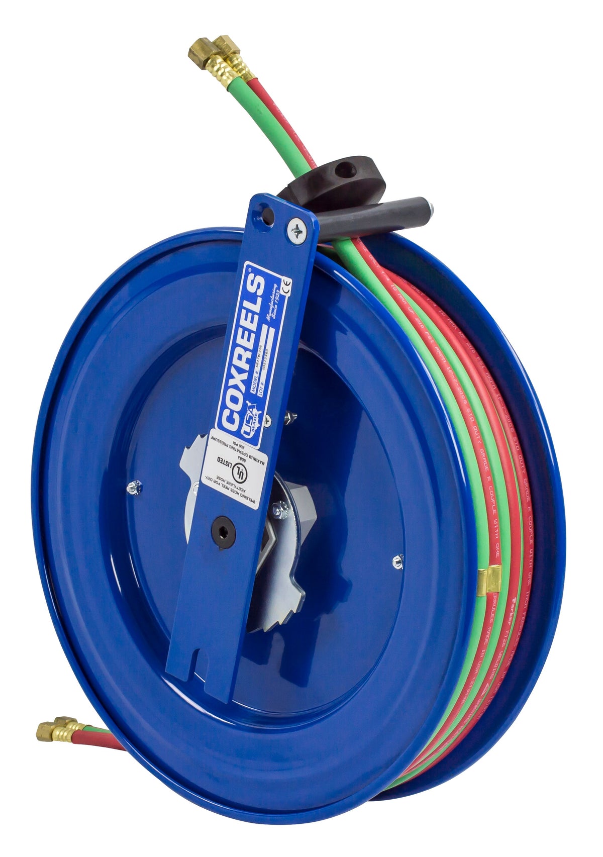 SL17WTL-150 by Coxreels | SW Series | 200 PSI Dual Hose Left Side Mount Spring Driven Hose Reel for Oxy-Fuel Welding (T-Grade) | 1/4" Hose ID, 1/4" FNPT Inlet | Steel | 50ft Capacity, Hose Not Included