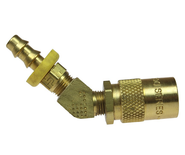 6-226 by Coilhose | Moldflow™ Series | Hose Barb Coupler | Non-Valved | 1/4" Body Size | 3/8" Hose ID | 45° Elbow | Brass