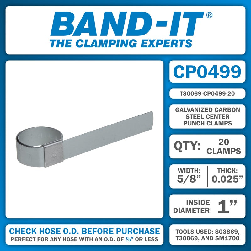 T30069-CP0499-20 by Band-It | Center Punch Clamps & Installation Tool Kit | 1" ID | 5/8" Width | 0.025" Thickness | Galvanized Carbon Steel | 20/Box