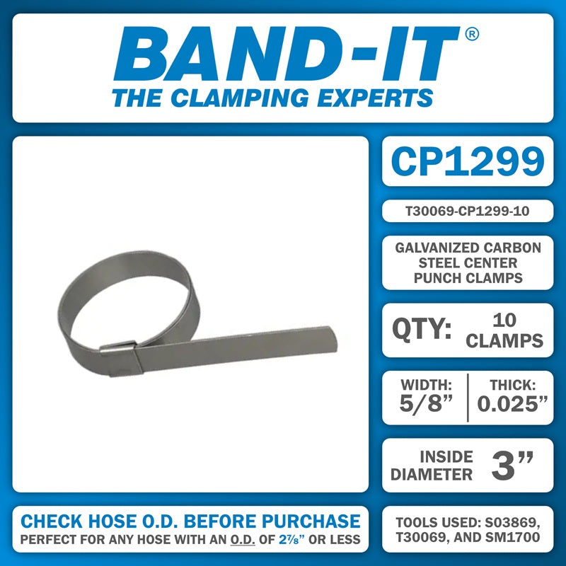 T30069-CP1299-10 by Band-It | Center Punch Clamps & Installation Tool Kit | 3" ID | 5/8" Width | 0.025" Thickness | Galvanized Carbon Steel | 10/Box