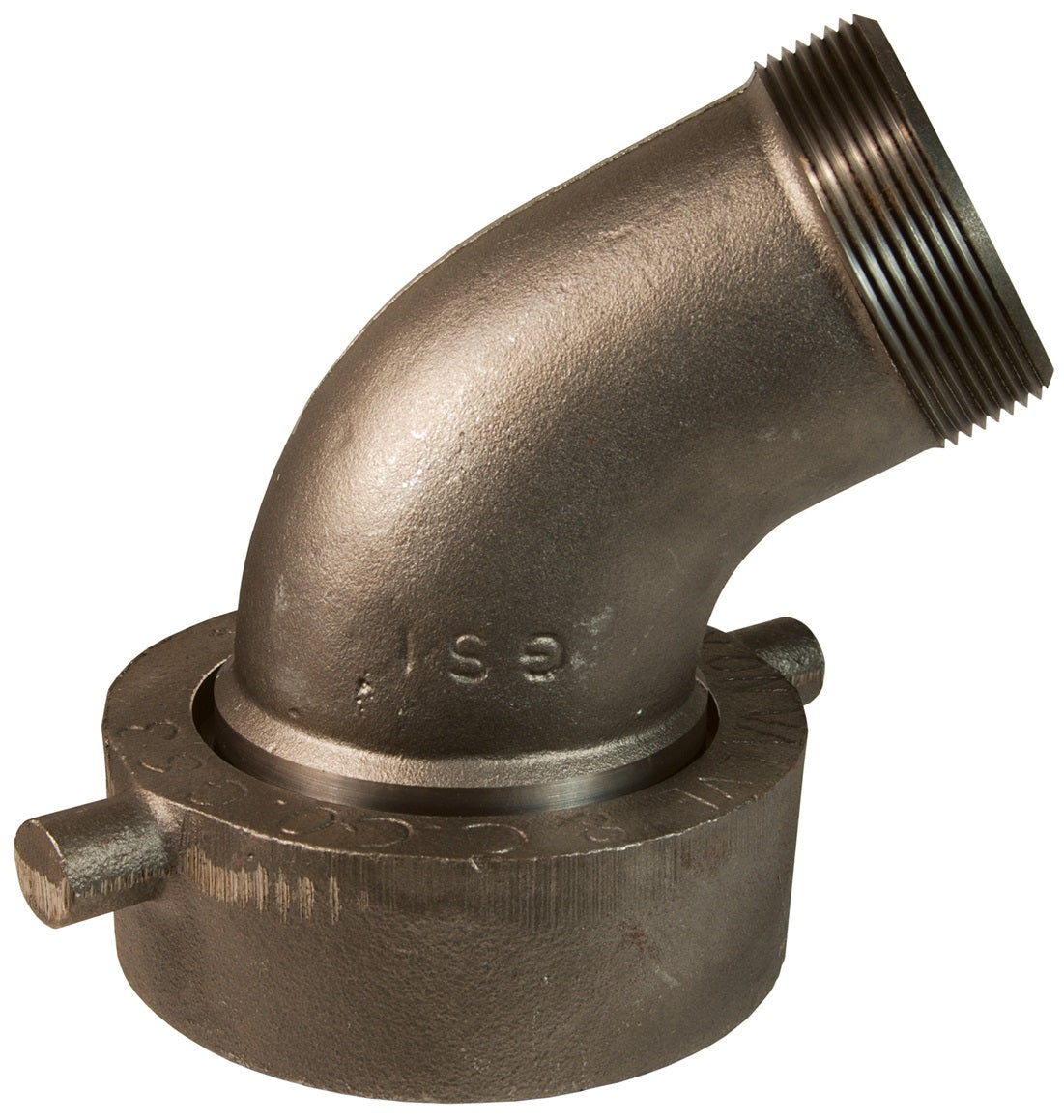 TCT40 by Dixon Valve | Railroad Tank Car Connection | Style T | 110° Elbow | 4" Male NPT x 5" Swivel Nut | Iron