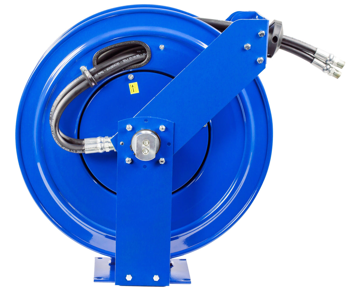 TDMP-N-450 by Coxreels | TDMP Series | 2,500 PSI Dual Hose Spring Driven Hose Reel for Hydraulic Oil | 1/2" Hose ID, 1/2" FNPT Inlet x 1/2" MNPT Hose End | Steel | 50ft Synthetic Rubber Hose Included