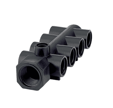 TM075/050 by Banjo | Pipe Sitting | 8 Station Manifold | 3/4" Female NPT Inlet x 1/2" Female NPT Outlet with 1/4" Gauge Port | 225 PSI | Polypropylene
