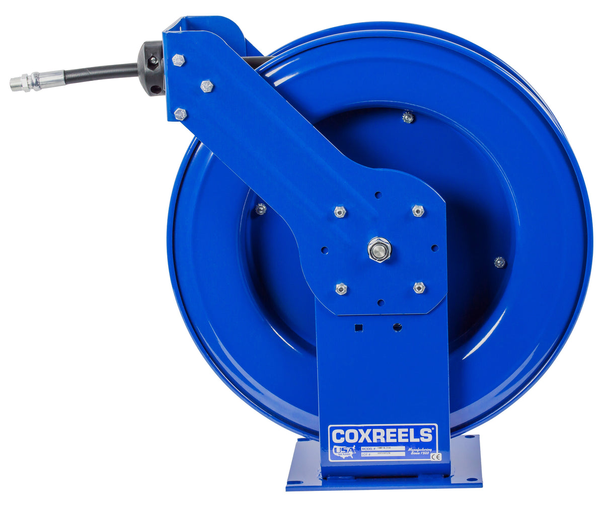 TMP-N-4100 by Coxreels | T Series | 2,500 PSI Spring Driven Hose Reel for Air, Water & Oil | 1/2" Hose ID, 1/2" FNPT Inlet x 1/2" MNPT Hose End | Steel | 100ft Rubber Hose Included