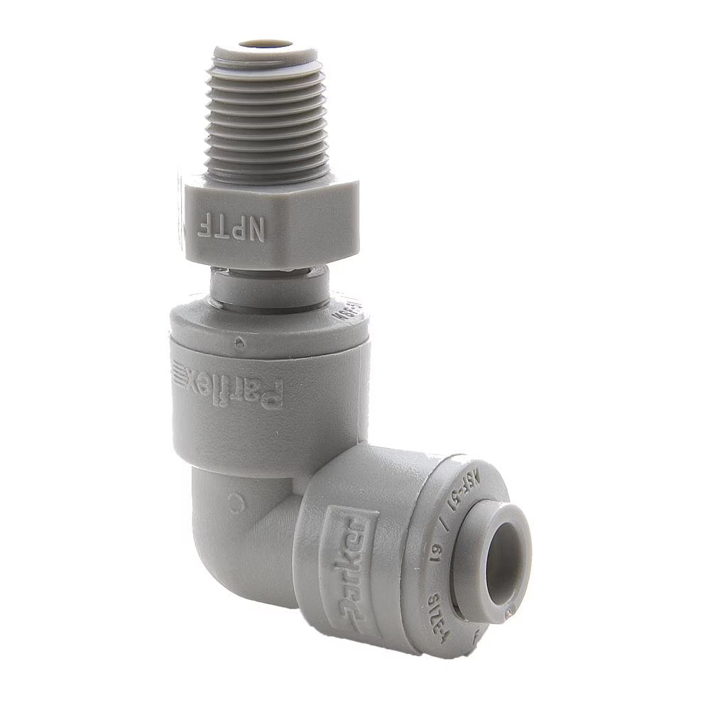 A5MES2-MG by Parker | TrueSeal™ Threaded Fittings | 5/16" Swivel Tube OD x 1/8" Male NPTF Thread | 90° Elbow | Gray | Acetal