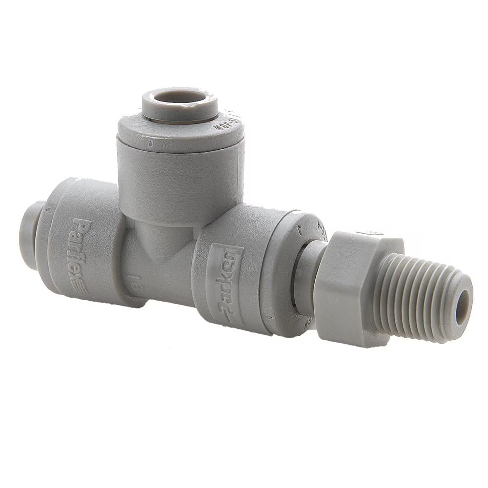 A5MRS4-MG by Parker | TrueSeal™ Threaded Fittings | 5/16" Tube OD x 1/4" Male NPTF Thread | 2.92" Length | Tee | Gray | Acetal