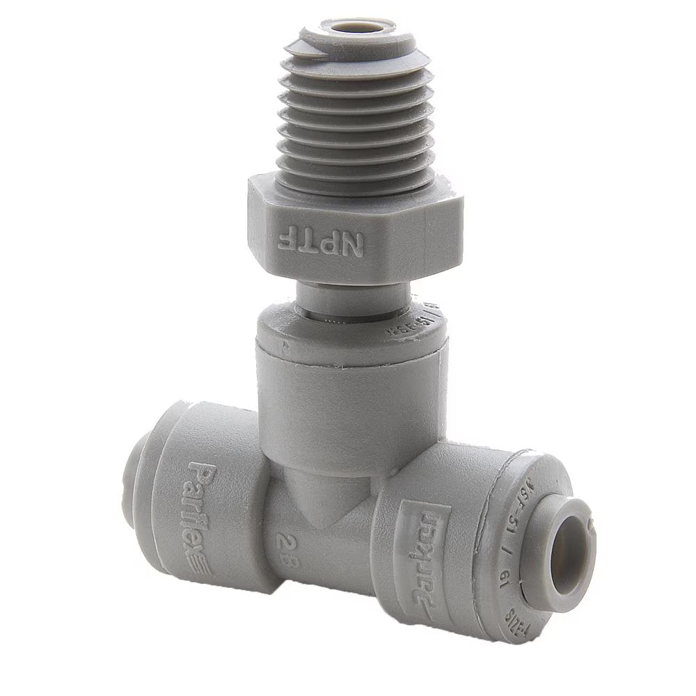A5MTS4-MG by Parker | TrueSeal™ Threaded Fittings | 5/16" Swivel Tube OD x 1/4" Male NPTF Thread | 2.24" Length | Tee | Gray | Acetal