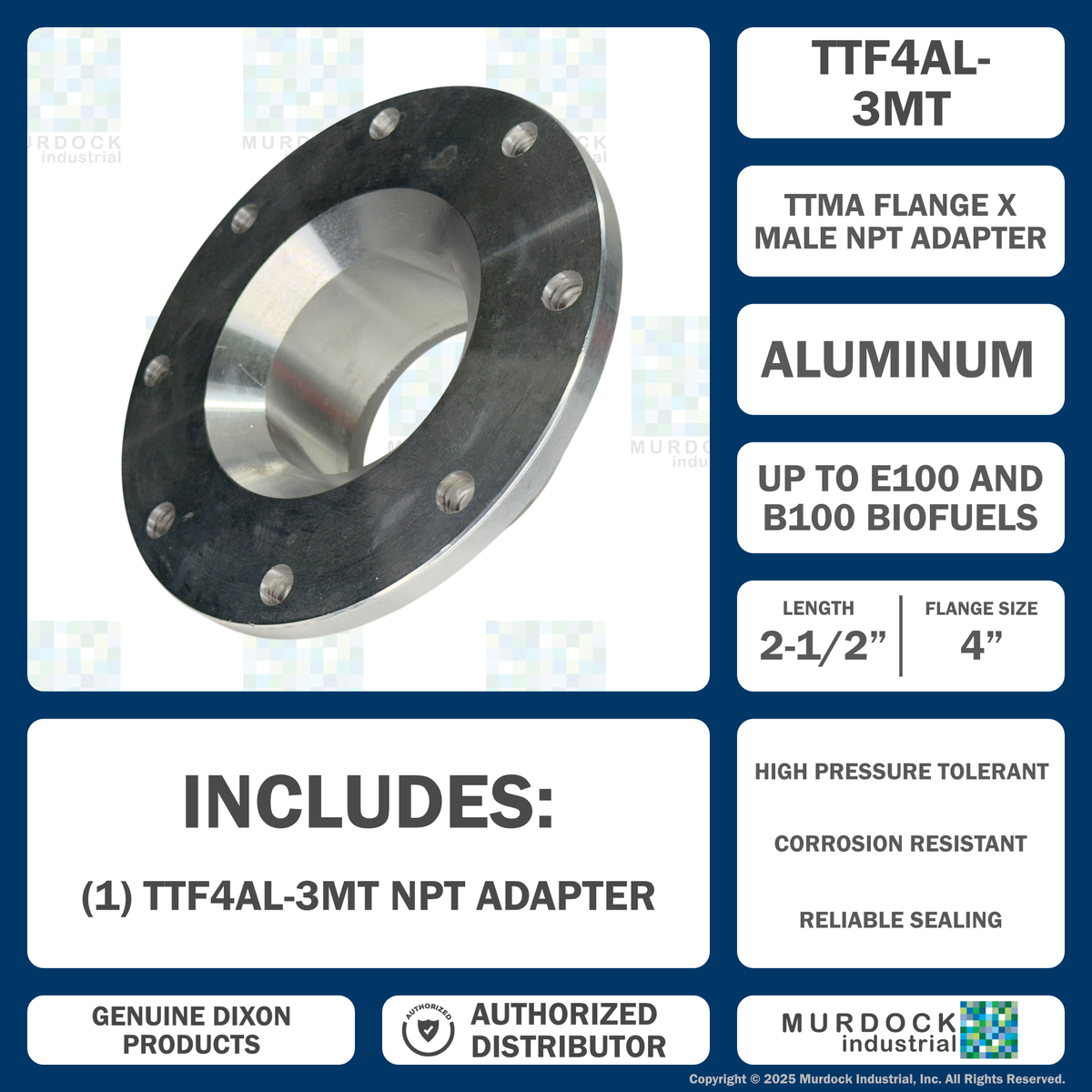 TTF4AL-3MT by Dixon Valve | TTMA Series | Flange Adapter | 4" TTMA Flange x 3" Male NPT | 2-1/2" Overall Length | Aluminum