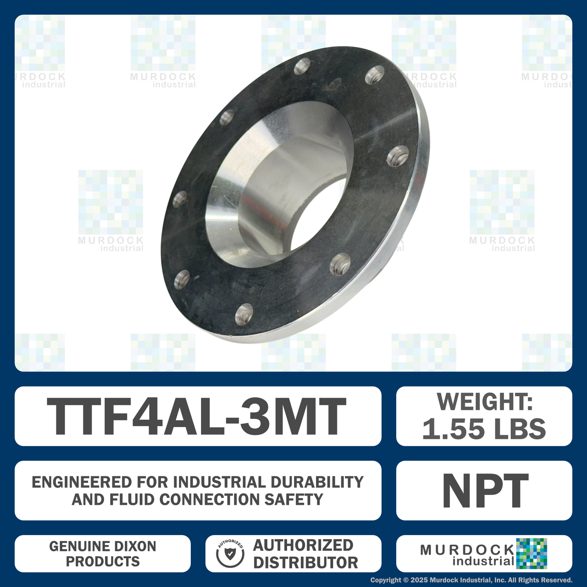 TTF4AL-3MT by Dixon Valve | TTMA Series | Flange Adapter | 4" TTMA Flange x 3" Male NPT | 2-1/2" Overall Length | Aluminum