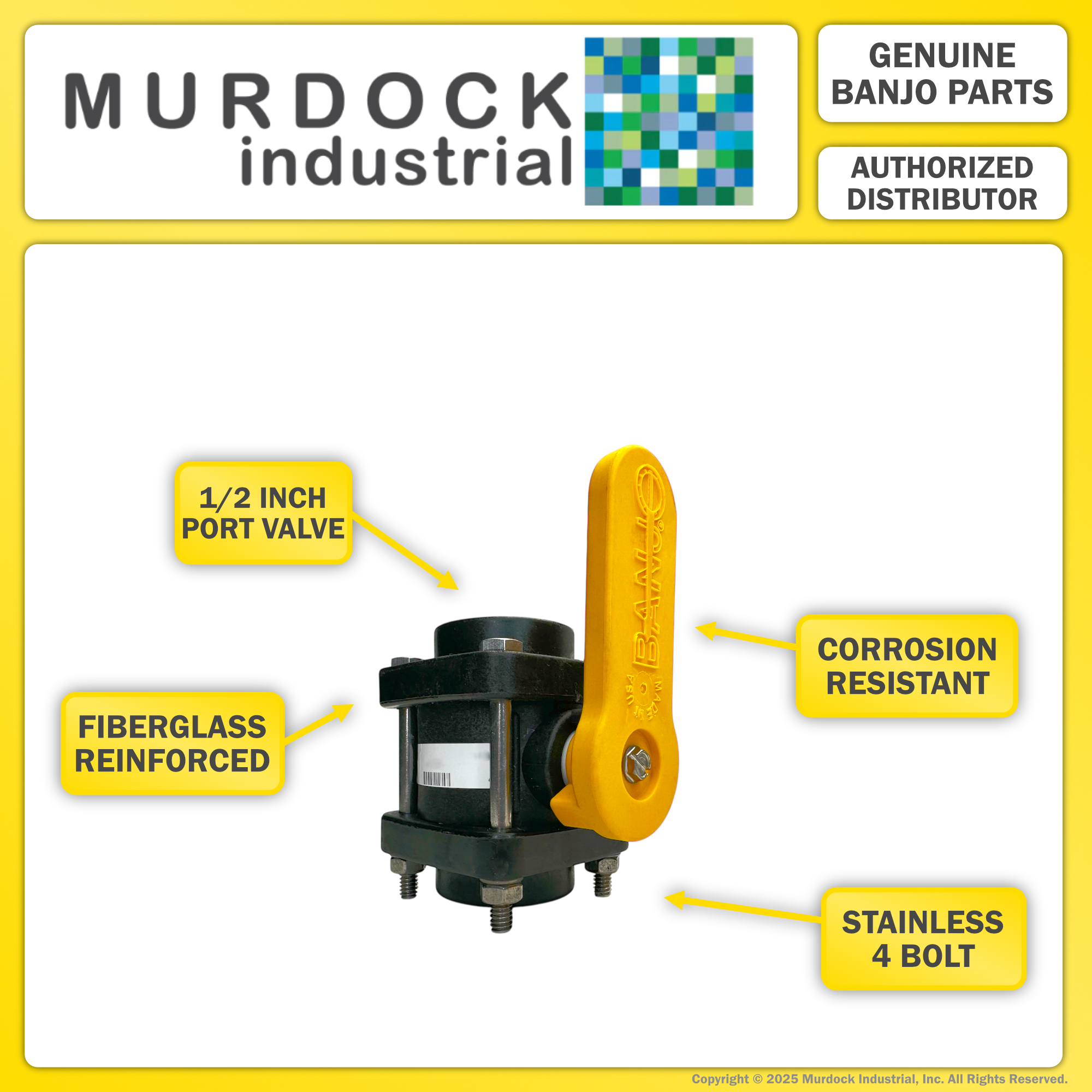 V050 by Banjo | Full Port 4 Bolt Ball Valve | 1/2" Female NPT x 1/2" Female NPT | Opening Thru Ball: 3/4" | 300 PSI | Polypropylene