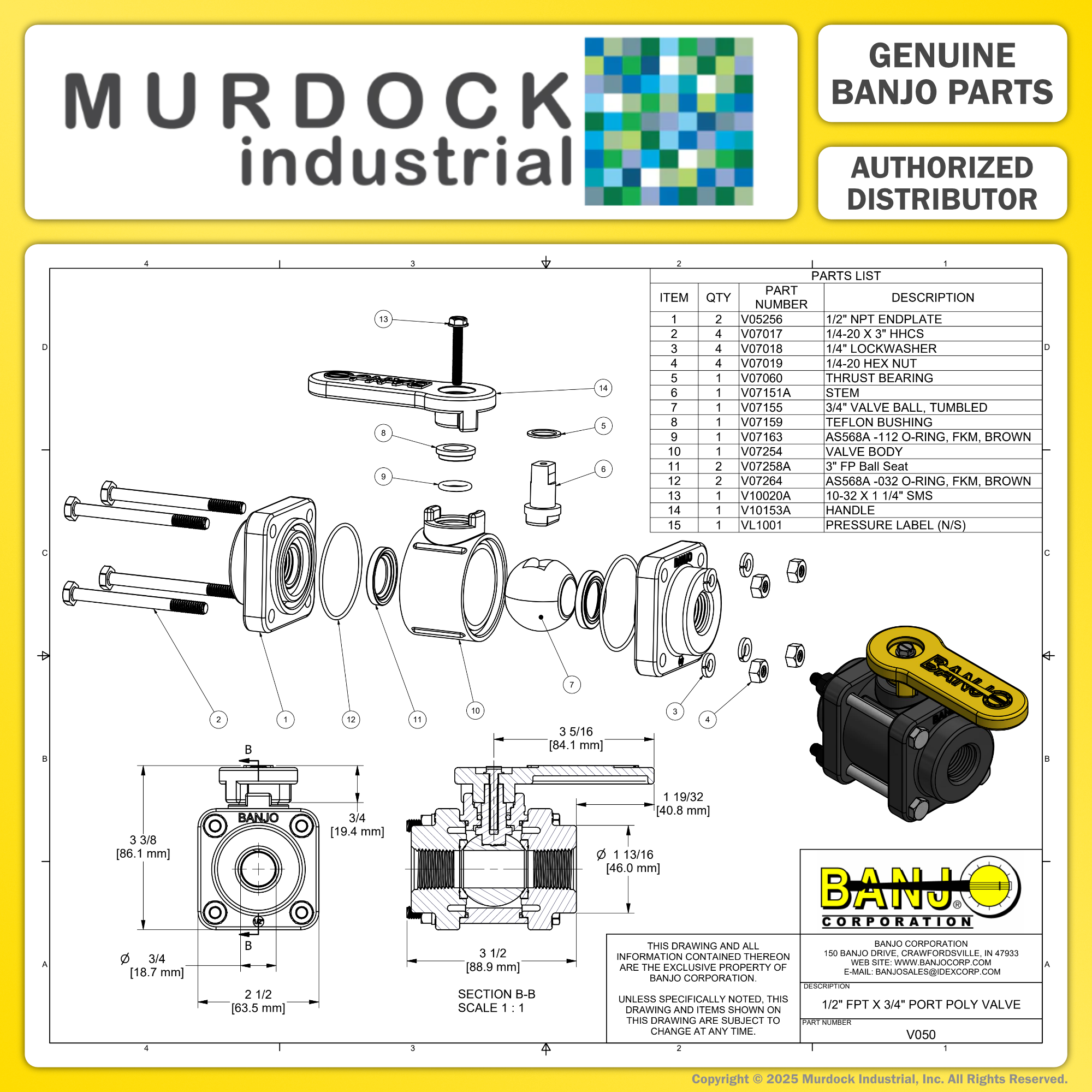 V050 by Banjo | Full Port 4 Bolt Ball Valve | 1/2" Female NPT x 1/2" Female NPT | Opening Thru Ball: 3/4" | 300 PSI | Polypropylene