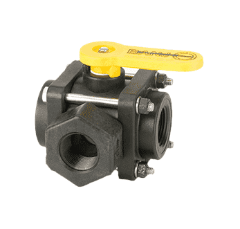 V075SL by Banjo | 3-Way Ball Valve | Side Load | 3/4" Female NPT | Opening Thru Ball: 1" | 200 PSI | Straight Handle | Polypropylene