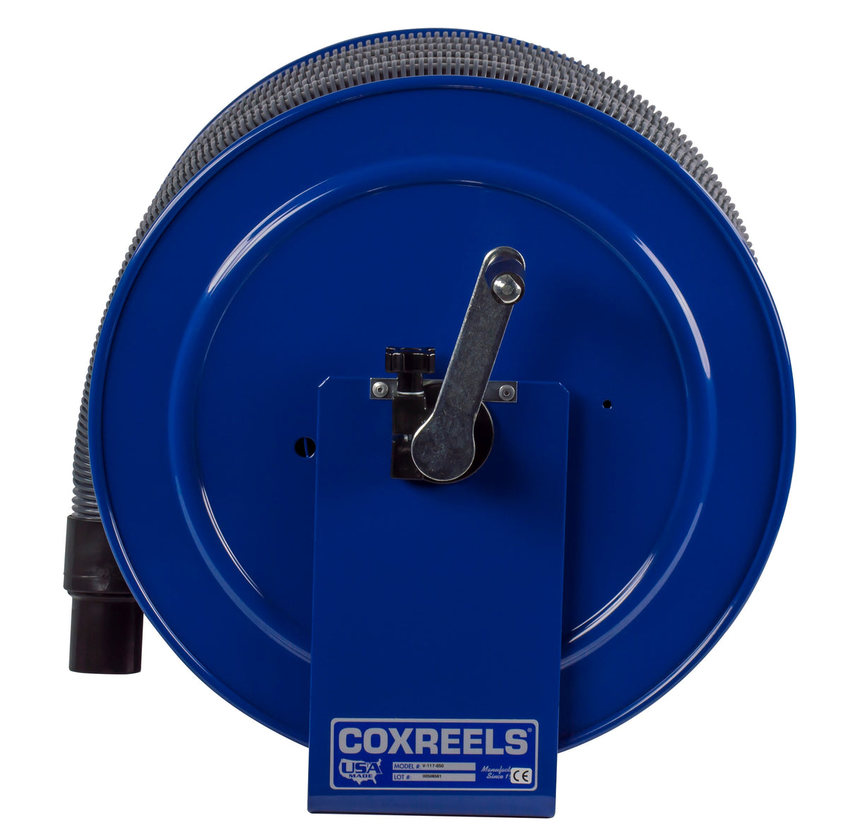 V-117H-850 by Coxreels | V100 Series | Hand Crank Vacuum Hose Reel | 1-1/2" or 2" Hose ID, 1-1/2"/2" Female Cuff Inlet | Steel | 50ft Hose Included