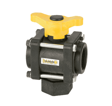 V150BL by Banjo | 3-Way Ball Valve | Bottom Load | 1-1/2" Female NPT | Opening Thru Ball: 1-1/2" | 225 PSI | T Handle | Polypropylene