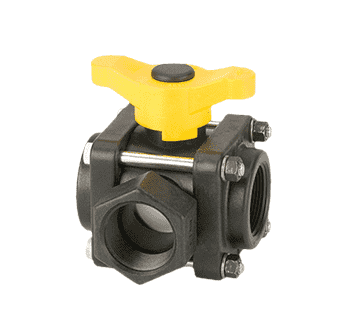 V125SL by Banjo | 3-Way Ball Valve | Side Load | 1-1/4" Female NPT | Opening Thru Ball: 1-1/2" | 300 PSI | T Handle | Polypropylene