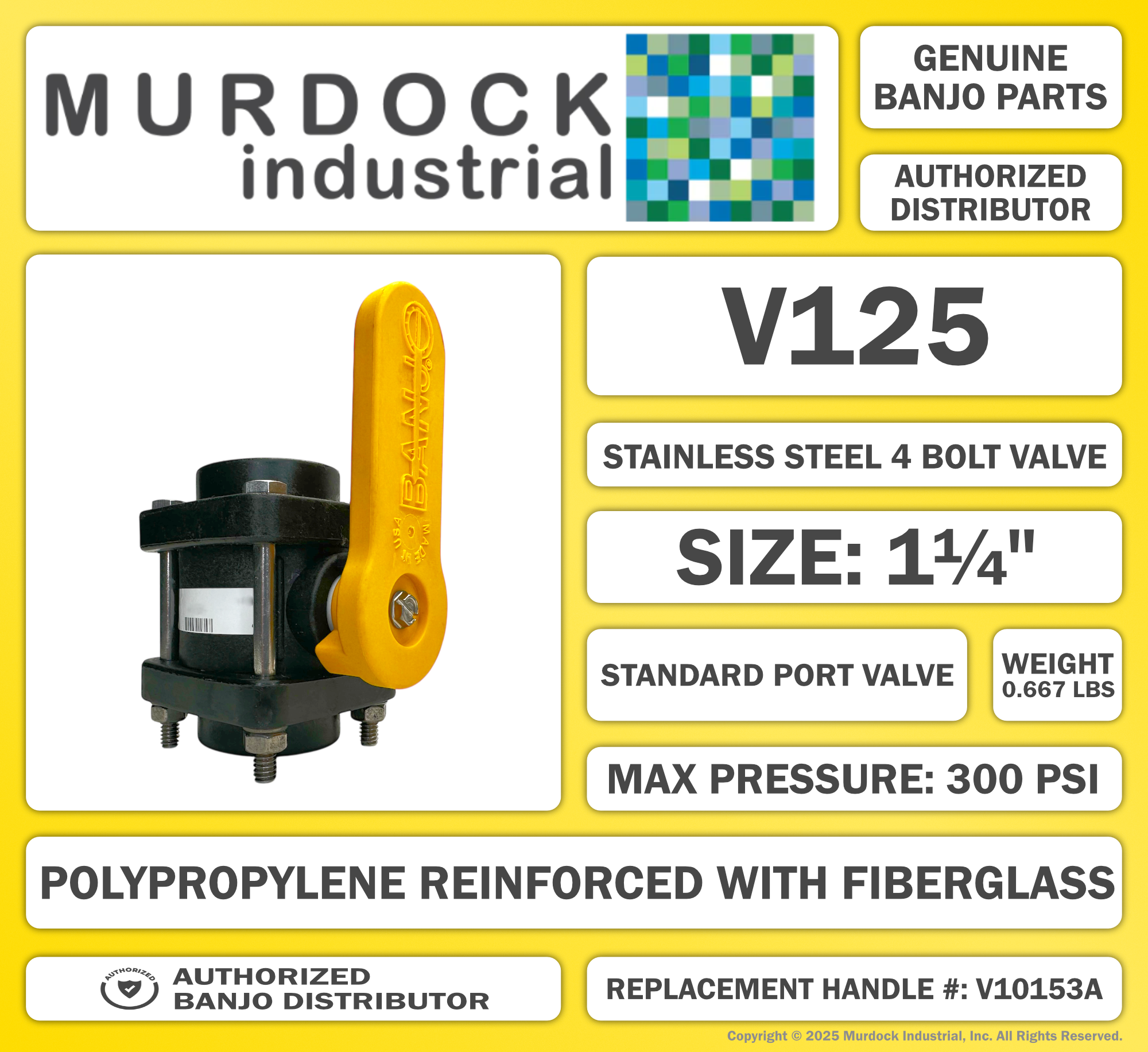 V125 by Banjo | 4 Bolt Ball Valve | Standard Port | 1-1/4" Female NPT x 1-1/4" Female NPT | Opening Thru Ball: 1" | 300 PSI | Polypropylene