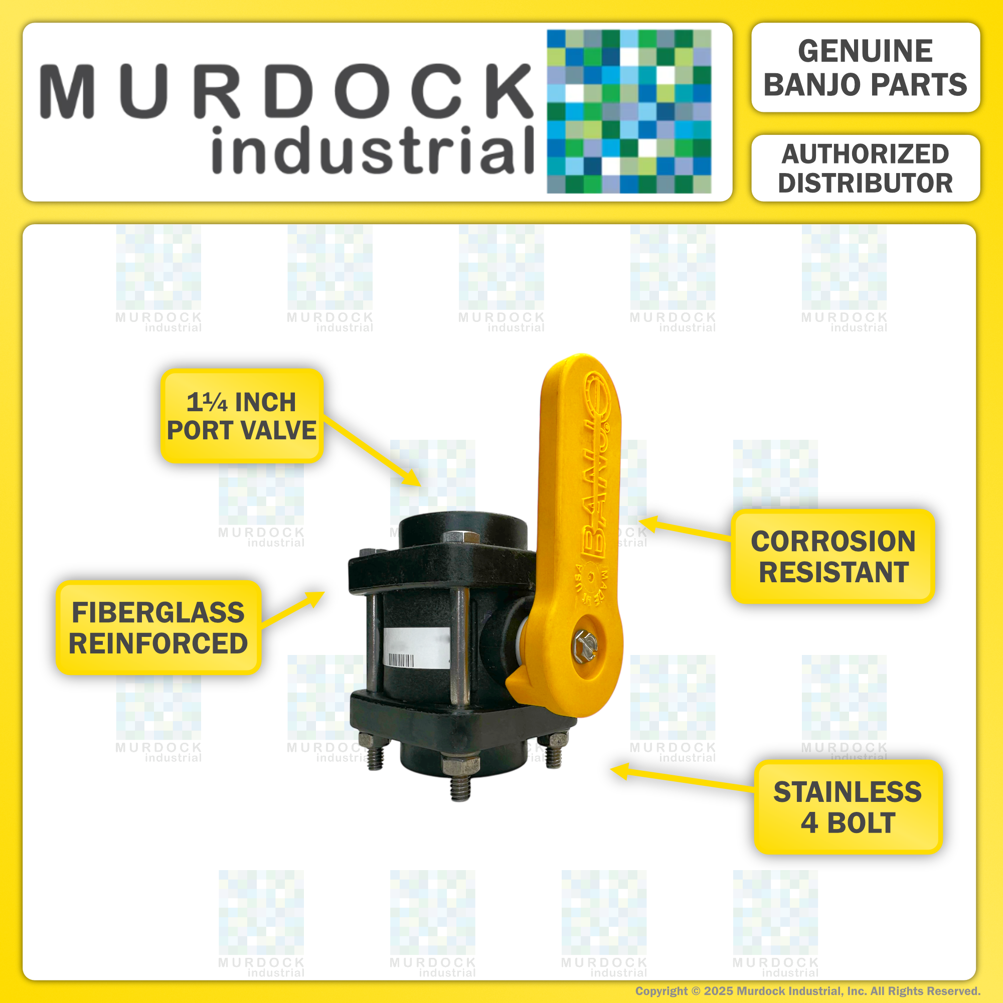 V125 by Banjo | 4 Bolt Ball Valve | Standard Port | 1-1/4" Female NPT x 1-1/4" Female NPT | Opening Thru Ball: 1" | 300 PSI | Polypropylene