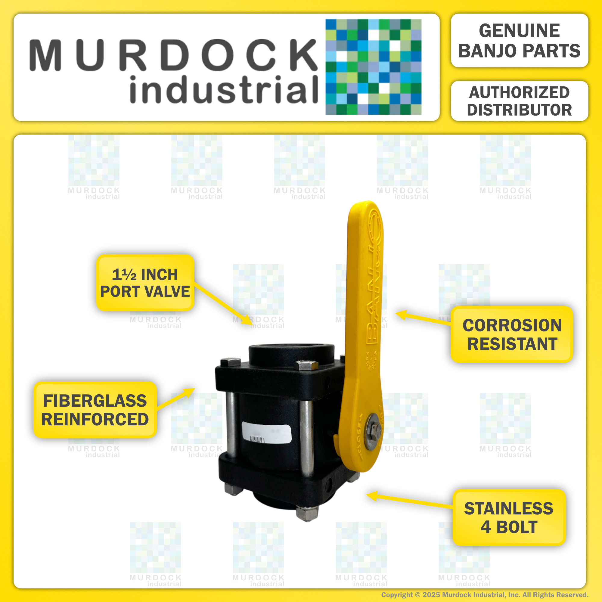 V150 by Banjo | 4 Bolt Ball Valve | Full Port | 1-1/2" Female NPT x 1-1/2" Female NPT | Opening Thru Ball: 1-1/2" | 225 PSI | Polypropylene