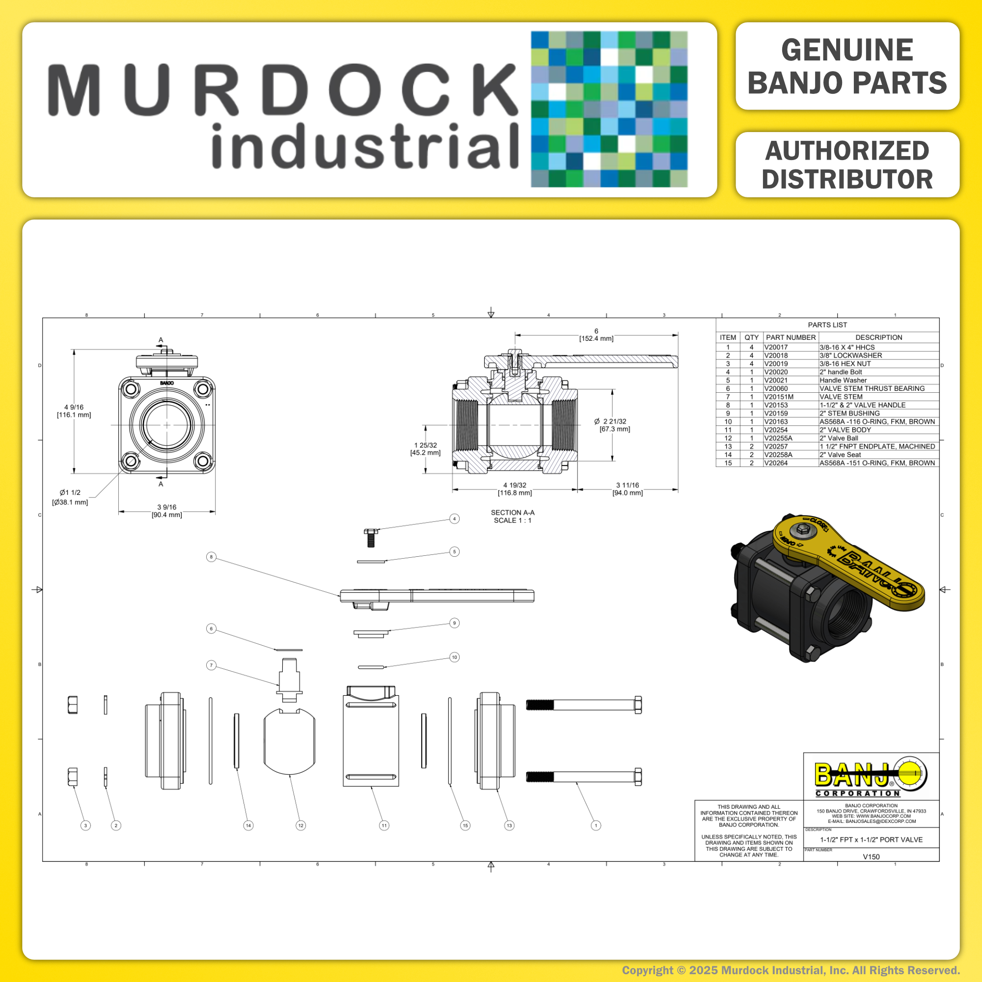 V150 by Banjo | 4 Bolt Ball Valve | Full Port | 1-1/2" Female NPT x 1-1/2" Female NPT | Opening Thru Ball: 1-1/2" | 225 PSI | Polypropylene