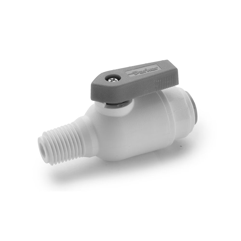 PP6VMC4-MG by Parker | TrueSeal™ Ball Valve | 3/8" Push-to-Connect x 1/4" Male NPTF Thread | 2.51" Length | Straight | White | Polypropylene