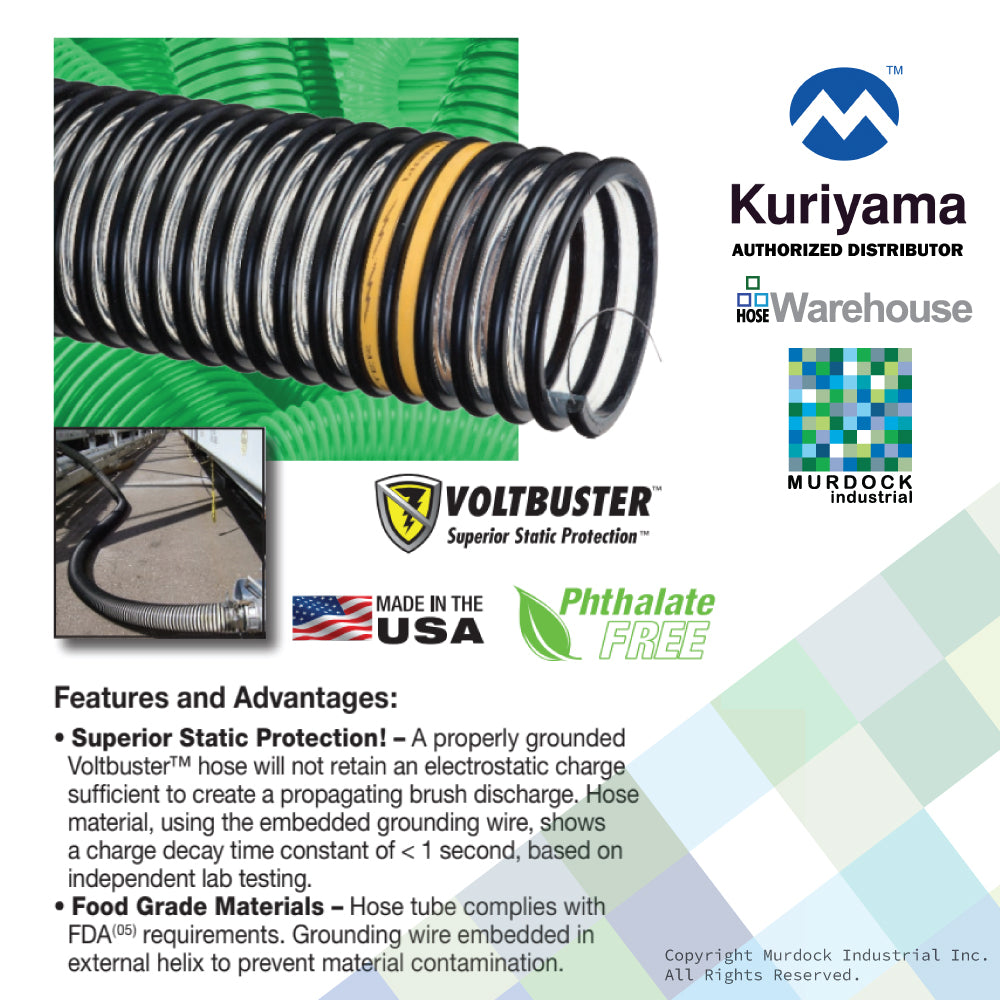 VOLT250X100 Tigerflex by Kuriyama | VOLTBUSTER™ | Heavy Duty Food Grade Static Dissipative Material Handling Hose | 2-1/2" ID | Polyurethane | 100ft Length
