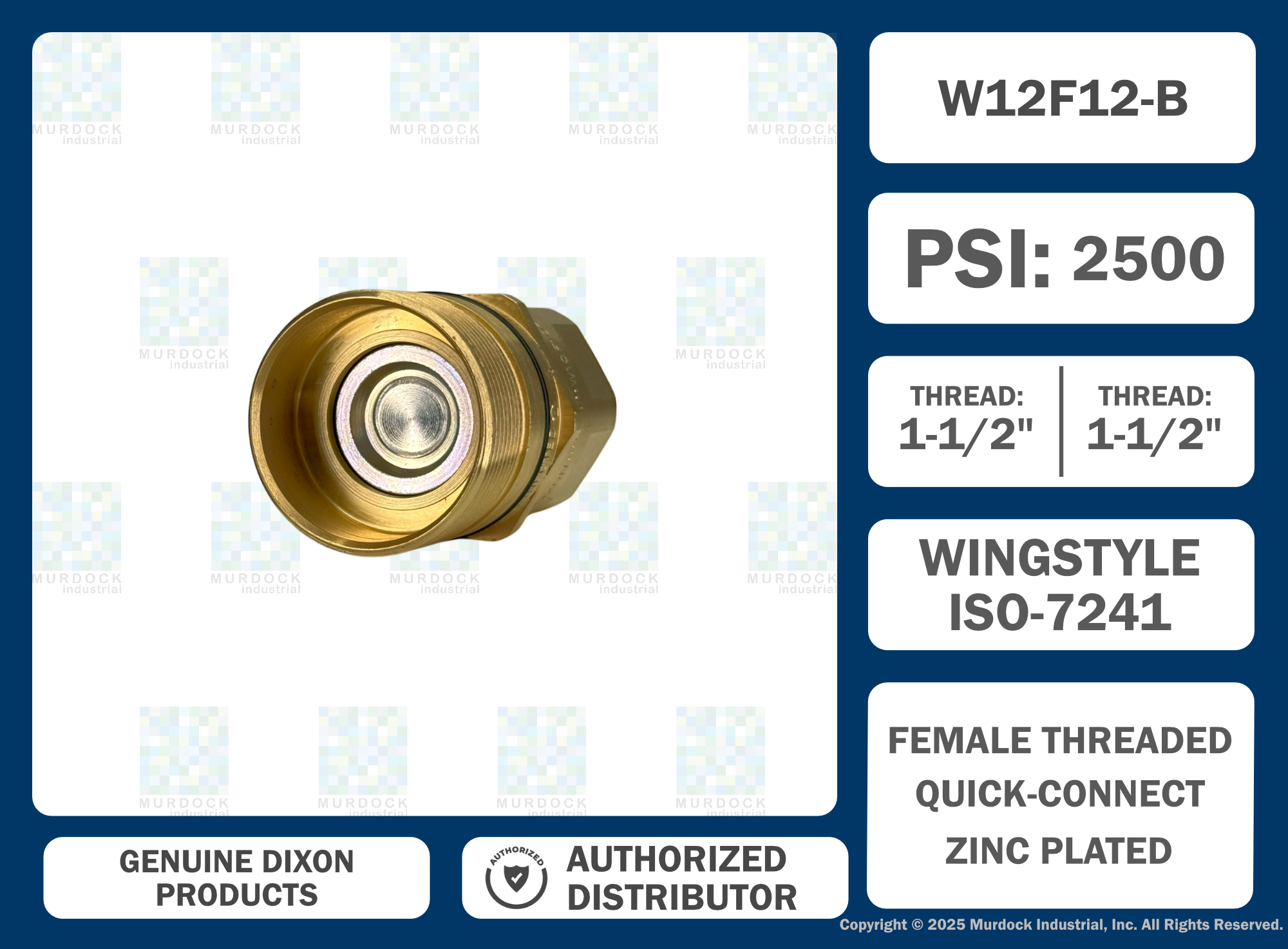 W12F12-B by Dixon Valve | Hydraulic Quick Disconnect Coupling | W-Series | 1-1/2" Female NPTF x 1-1/2" Wingstyle Interchange | Plug | Nitrile Seal | Brass