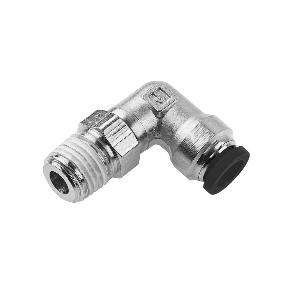 W169PLP-4-4 by Parker | Prestolok PLP Push-to-Connect Fittings | Threaded Fittings | 1/4" Swivel x 1/4" Male NPTF Thread | 9/16" Hex | .85" Length (L) | 1.10" Length (N) | .156" Flow Dia. | 90° Elbow | Nickel-Plated Brass | Pack of 10