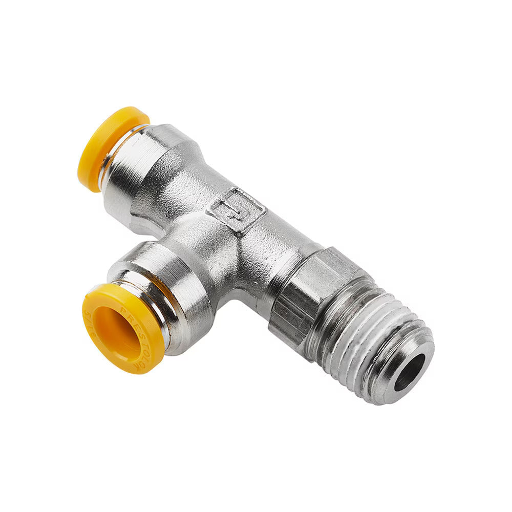 W171PLP-10M-6R by Parker | Prestolok PLP Push-to-Connect Fittings | Threaded Fitting | 10mm Swivel Push-to-Connect x 10mm Swivel Push-to-Connect x 3/8" Male BSPT Thread | 11/16" Hex | Tee | Nickel-Plated Brass