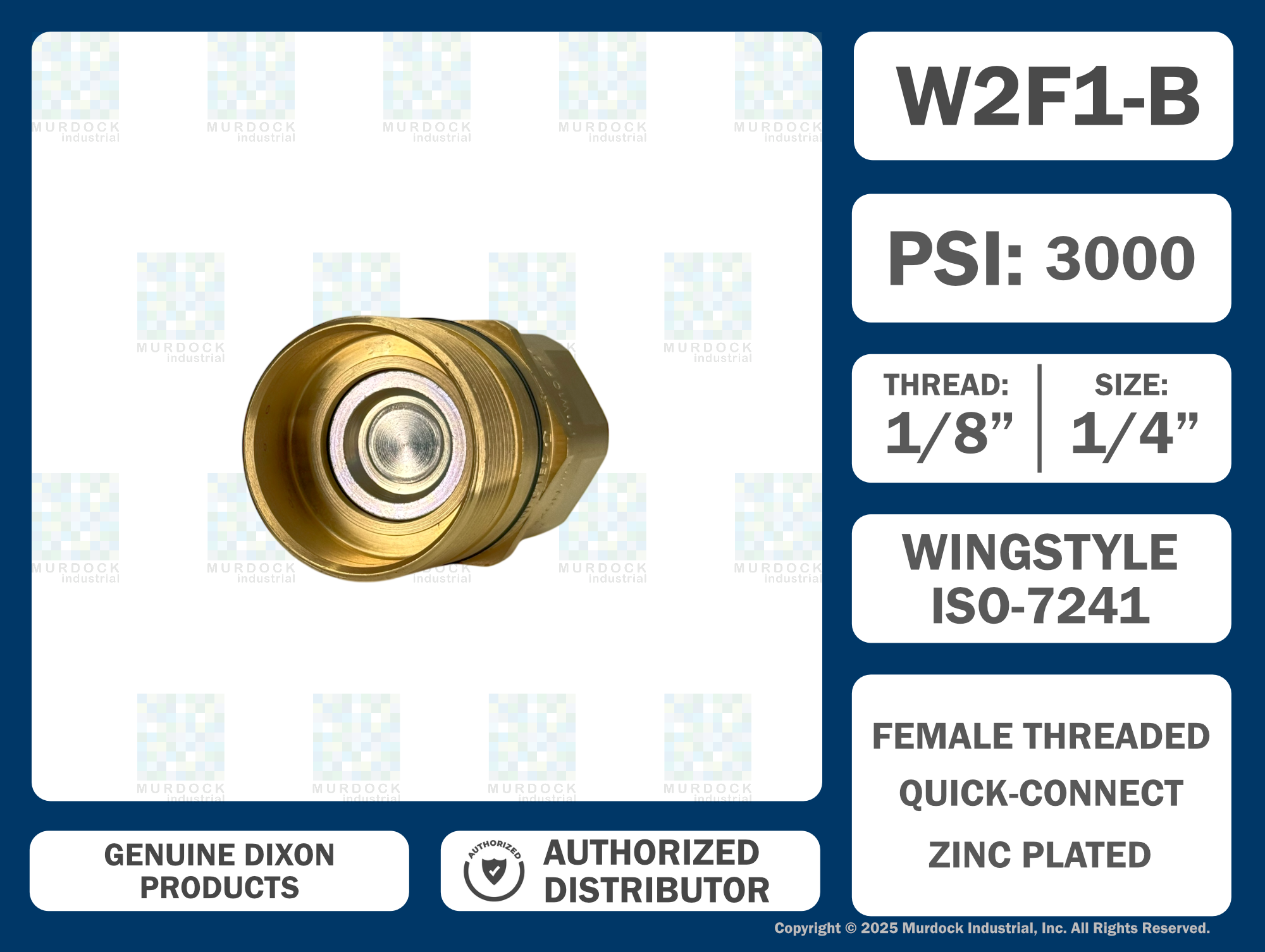W2F1-B by Dixon Valve | Hydraulic Quick Disconnect Coupling | W-Series | 1/8" Female NPTF x 1/4" Wingstyle Interchange | Plug | Nitrile Seal | Brass