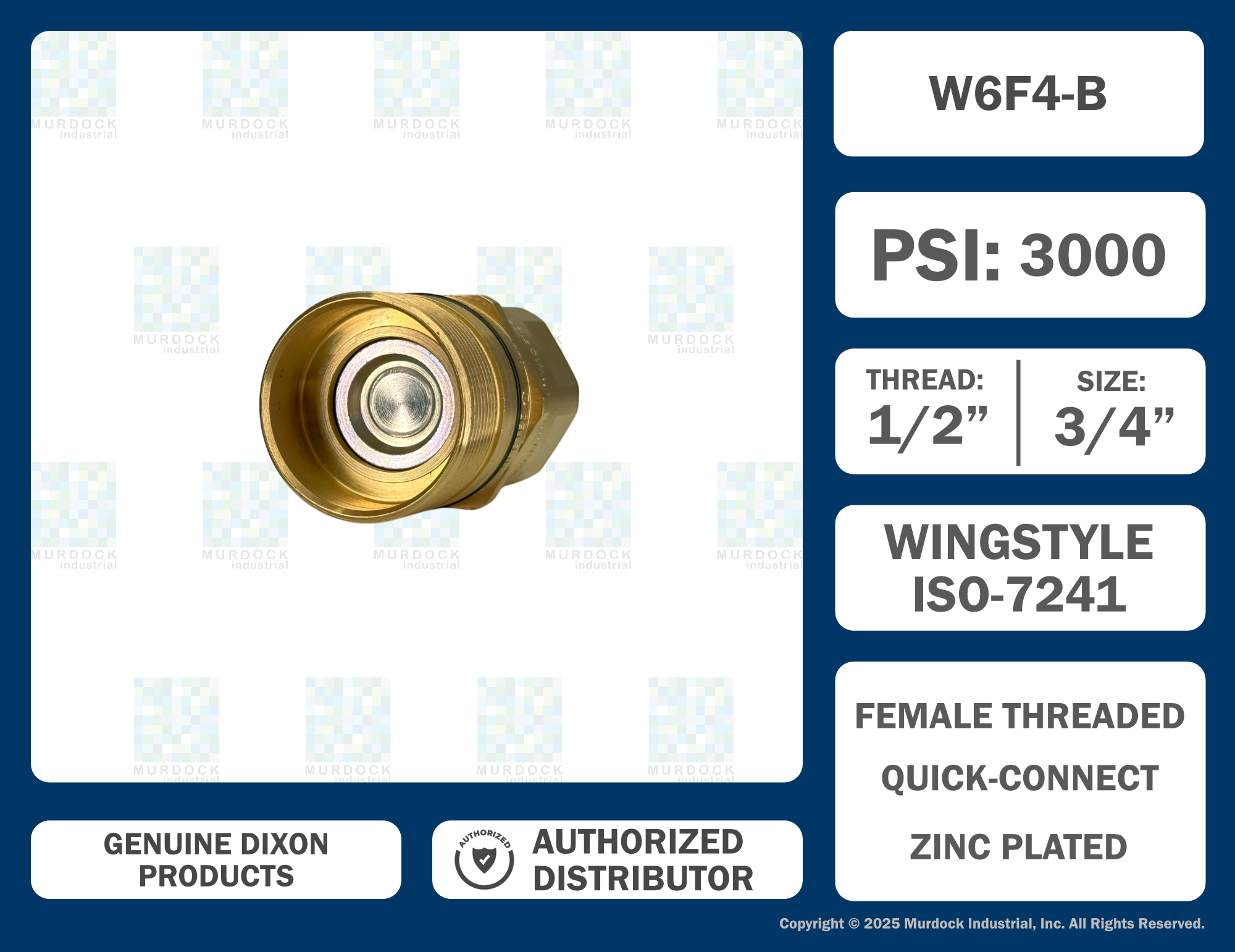 W6F4-B by Dixon Valve | Hydraulic Quick Disconnect Coupling | W-Series | 1/2" Female NPTF x 3/4" Wingstyle Interchange | Plug | Nitrile Seal | Brass