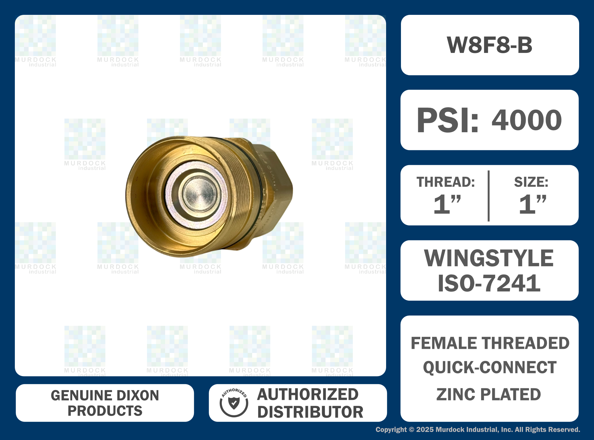 W8F8-B by Dixon Valve | Hydraulic Quick Disconnect Coupling | W-Series | 1" Female NPTF x 1" Wingstyle Interchange | Plug | Nitrile Seal | Brass