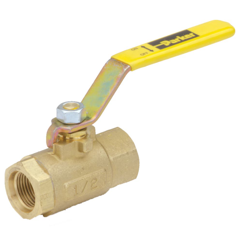 VV500P-4 by Parker | Ball Valves | 1/4" Female PTF Pipe Thread | 15/16" Hex (B) | 15/16" Hex (C) | 4.90" Length | Straight | Brass