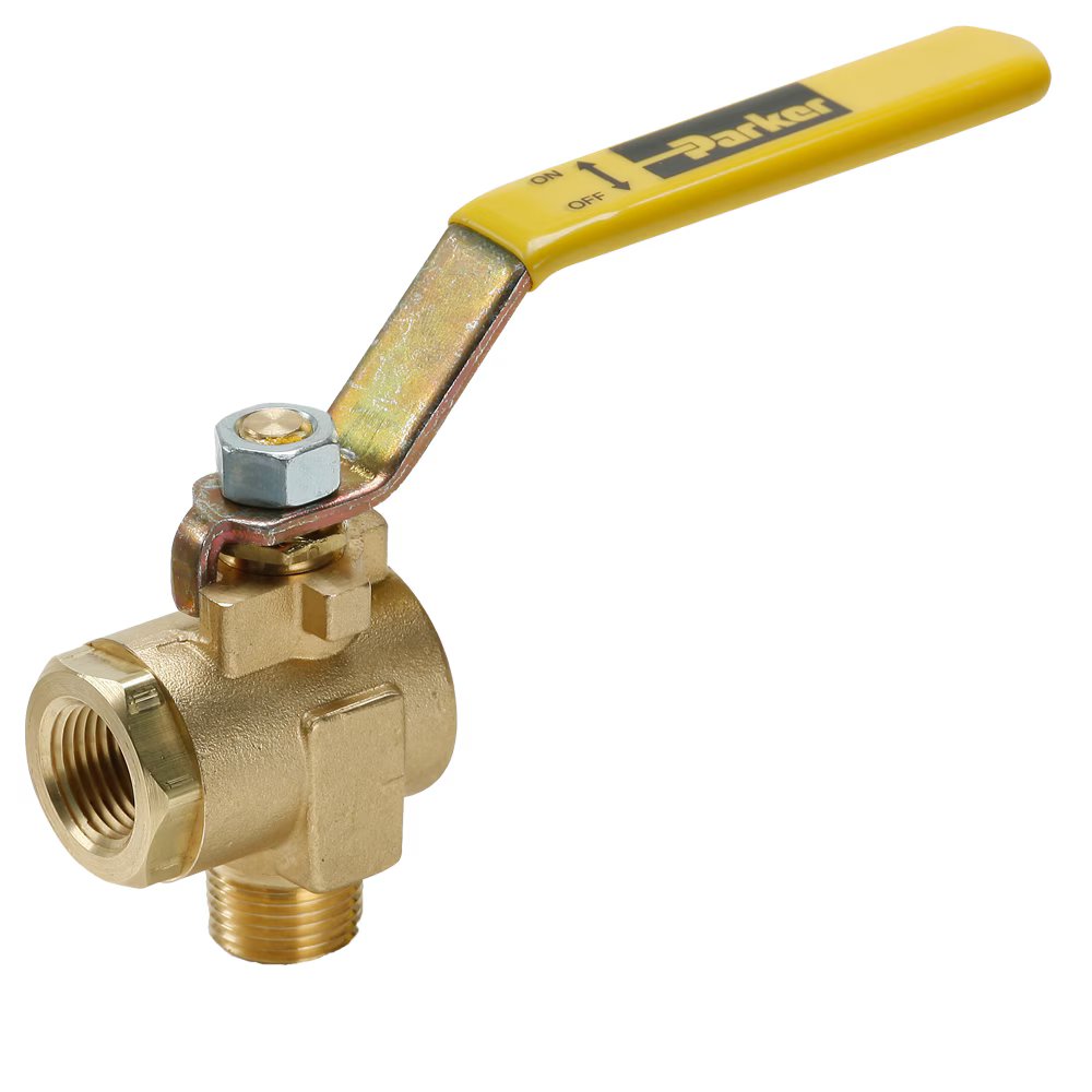V590P-16-04 by Parker | Ball Valves | 1" Male-Female PTF Pipe Thread | 1-9/16" Hex | 5.34" Length | 90° Elbow | Brass