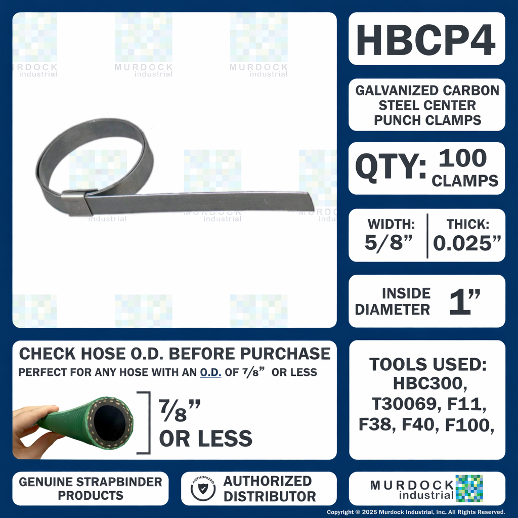 HBCP4 by Strapbinder | Center Punch Clamp | 1" ID | 5/8" Width | .027" Thickness | Galvanized Carbon Steel | Box of 100