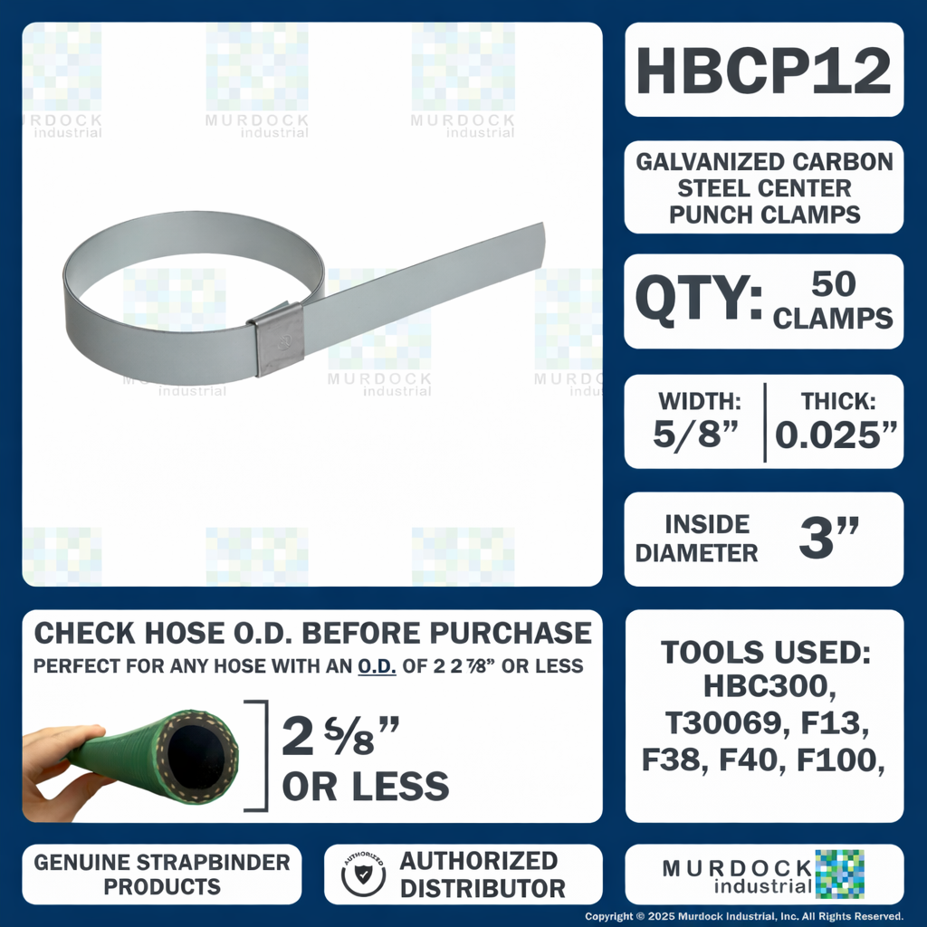 HBCP12 by Strapbinder | Center Punch Clamp | 3" ID | 5/8" Width | .027" Thickness | Galvanized Carbon Steel | Box of 50